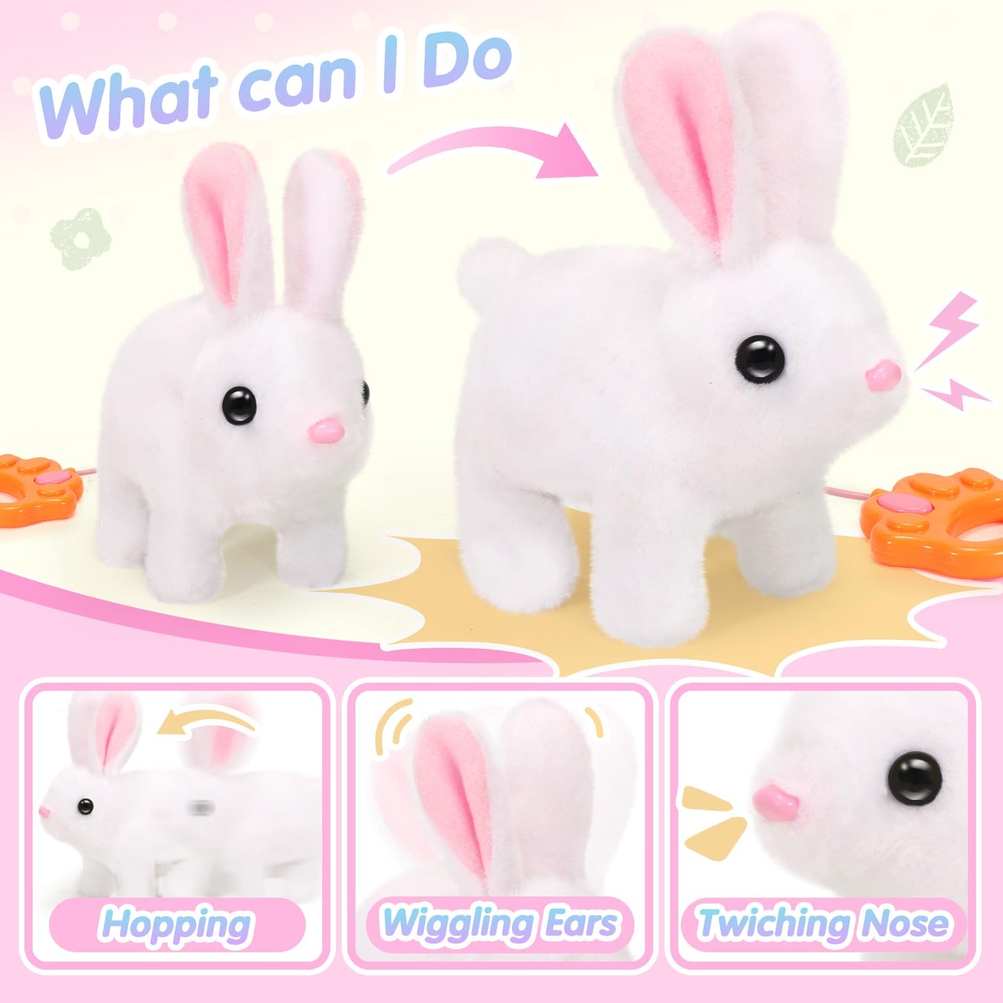 CatchCute Easter Hopping Plush Bunny Interactive Toys for Kids,Can Wagging Tail and Twitching Nose with Remote Control Leash,Easter Eggs and Decorations,Easter Christmas Birthday Gift for Toddlers