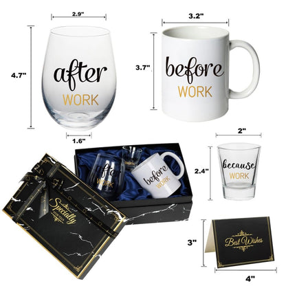 PUGED Before Work After Work Because Work Gift Set 11 oz Coffee Mug 18 oz Wine Glass 2 oz Shot Glass with Gifted Box for Coworkers Boss Office Gifts Bosses Day Christmas Farewell Party Gift (Black)