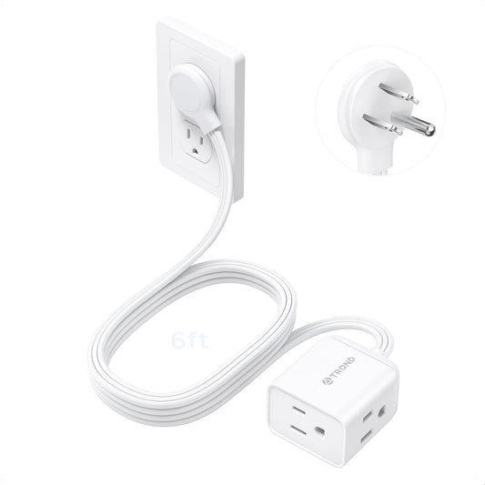 TROND Flat Extension Cord 6 Feet - Right Angled Flat Plug Power Strip, ETL Listed, 3 Plug Extension Outlets, Three Prong, SPT 16/3 Gauge, 13A, Small for Indoor Home Office Cruise Ship Travel, White