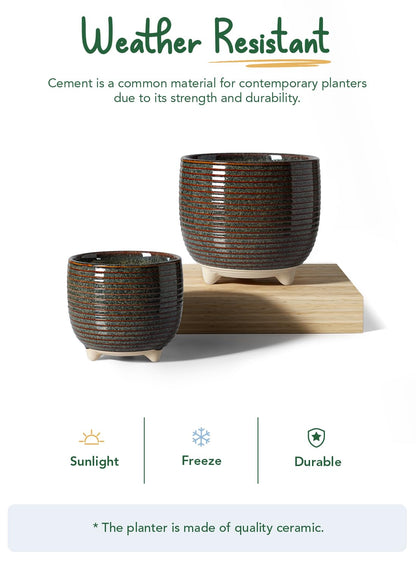 LE TAUCI Ceramic Plant Pots, 5.1 + 6.4 Inch Footed Pots for Plants, Modern Flower Pots for Home and Office, Indoor Planters with Drainage, Reactive Glaze Black