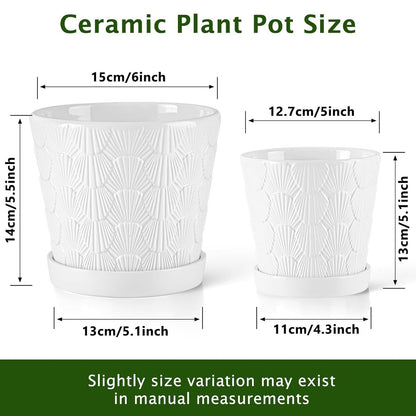 COLOAPT Ceramic Planter,5+6 Inch Ceramic Flower Pots with Drainage Hole&Tray,Embossed Seashell Design Plant pots,Planters for Indoor Plants Succulent Cactus,Flower Pot Home Decor-Set of 2,White