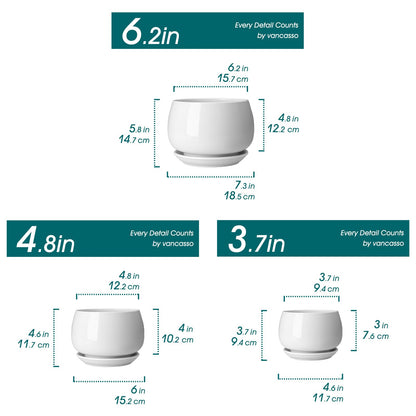 vancasso 3-Pack Ceramic Plant Pots, 3.7/4.8/6.2 Inch Indoor Planters with Saucers & Drainage Hole Planter pots for Indoor Plants and Flower, White