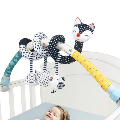 Caterbee Baby Stroller Arch Toys, Black and White Hanging Toy Activity Set, Stretch & Spiral Adjustable Clamp for Cribs & Car Seats, Includes Rattles, Squeaker & Teether for Newborns and Infants (02)