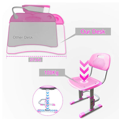 LVYUAN Kids Functional Desk and Chair Set, Ergonomic Height Adjustable Children School Study Desk with Tilt Desktop, Book Stand, LED Light, Metal Hook and Storage Drawer for Boys Girls(Pink)