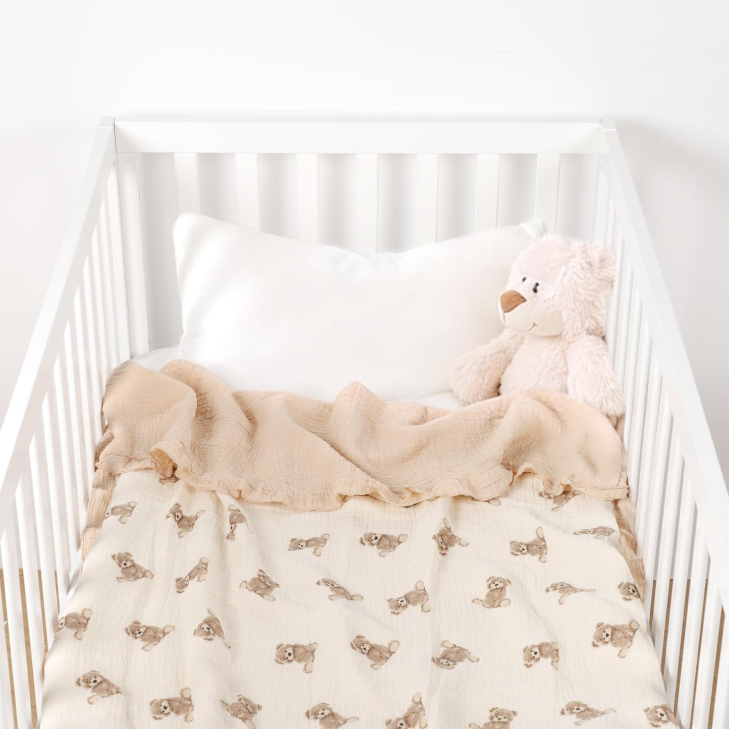 100% Organic Cotton Muslin Baby Blanket Flounce Edge Large 50"x43" Teddy Bear, Soft Breathable Toddler Quilt Crib Blankets Gender Neutral for Baby Boys and Girls Bassinet, Bed, Stroller & Snuggling