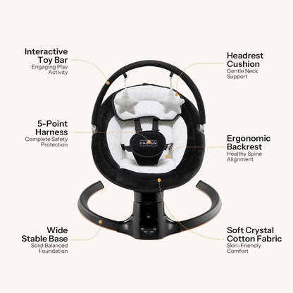 HARPPA Weddell Lite Electric Baby Swing for Infants with Music Speaker, 5 Adjustable Speeds, 5-Point Safety Harness, Timer Function, Compact Design for Indoor & Outdoor Use,Black