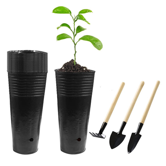 Hzloyat 20 Pcs Plastic Deep Nursery Pots - 9.8" Tall Tree Pots, Indoor/Outdoor Use with 3 Pcs Garden Tools