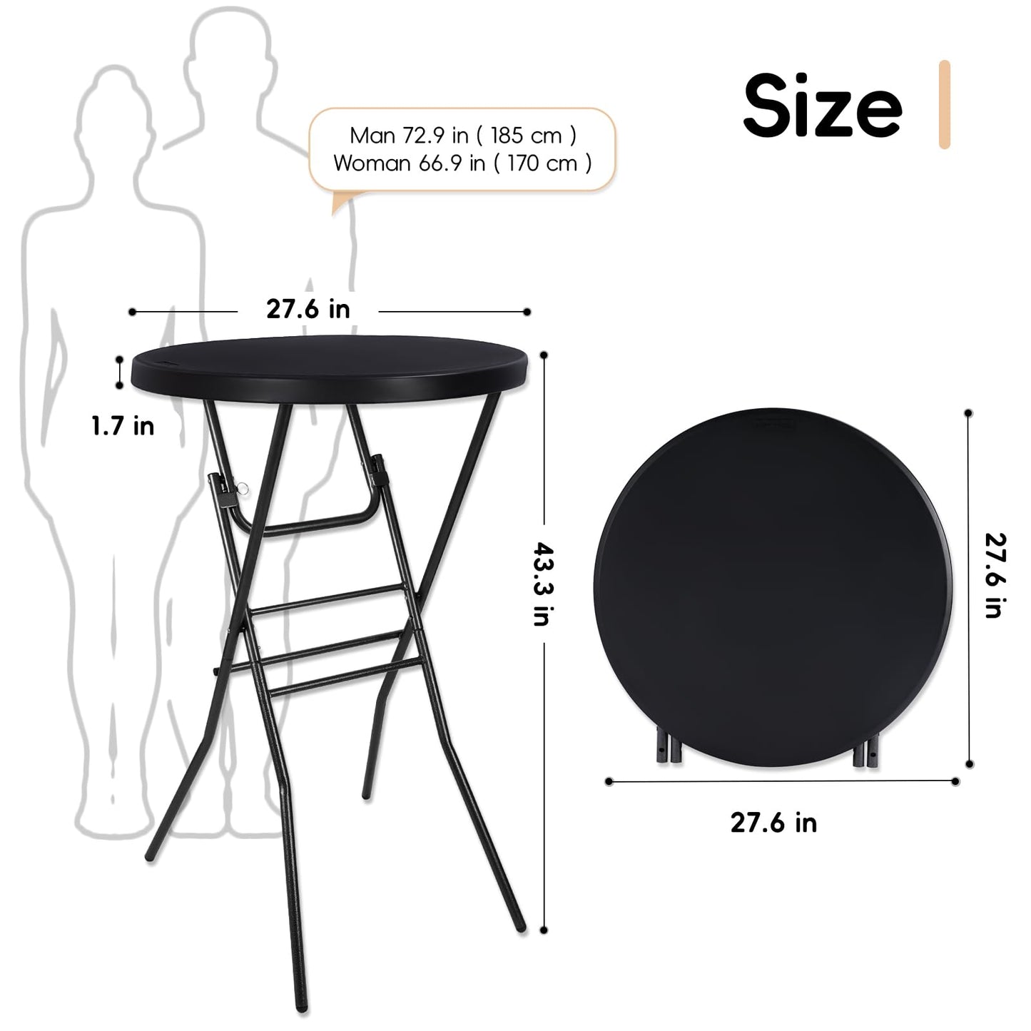 pollilar Cocktail Table 28in Portable Folding Bar Height Table, Compact Round High Top Plastic & Steel Bistro with Removable Legs, Indoor Outdoor RV Patio Catering Parties Commercial Events-Black