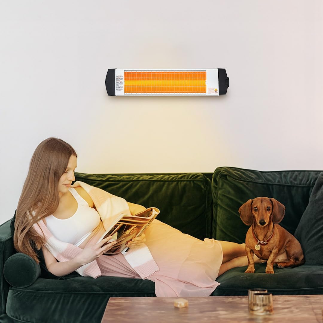 Econat 1500W Infrared Heater, Wall or Ceiling Mount, Indoor/Outdoor Electric Patio Heater, Adjustable Thermostat, Silver