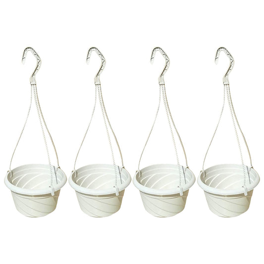 VIDELLY 4 Pieces Plastic Hanging Planters, 5.9 in Dia x 3.54 in H, Small Flower Plant Basket Pots Chain Holder Garden Decoration for Indoor and Outdoor Use, Beige White
