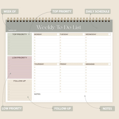Weekly To Do List Notepad, Undated Planner with 52 Sheets (8.5''x11''), Desk Weekly Planner for Women & Man, Home School & Work