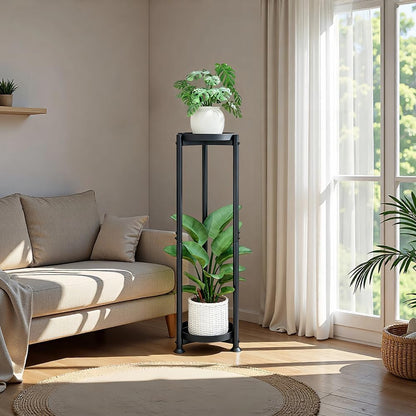 YIZAIJIA Plant Stand Indoor Outdoor Corner Tall 2 Tier Metal Tiered Single Small Plant Stands Sturdy Shelf for Living Room Balcony Garden,Black