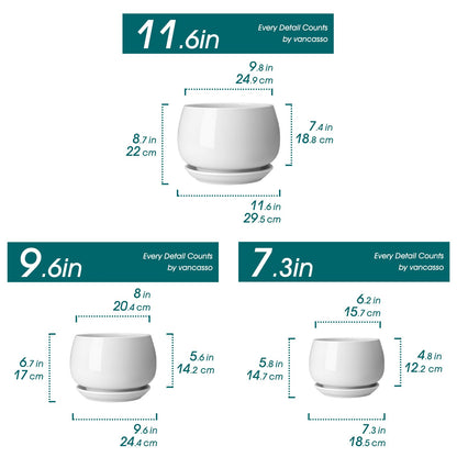 vancasso 3-Pack Ceramic Plant Pots, 7.3/9.6/11.6 Inch Indoor Planters with Saucers & Drainage Hole Planter pots for Indoor Plants and Flower, White