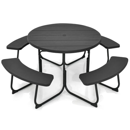 Tangkula 8 Person Picnic Table, Outdoor Round Picnic Table with 4 Built-in Benches, Umbrella Hole, Metal Frame & HDPE Tabletop, Outside Table and Bench Set for Backyard, 2300lbs Weight Capacity