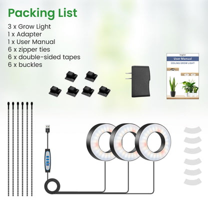 Wiaxulay Grow Lights for Indoor Plants, 144 LEDs Full Spectrum LED Plant Grow Light, 5V/3A Under Cabinet Grow Lamp with Auto Timer 6/12/16 Hrs, 3 Lighting Mode, 5 Brightness Levels, Tri Head (3.5in)