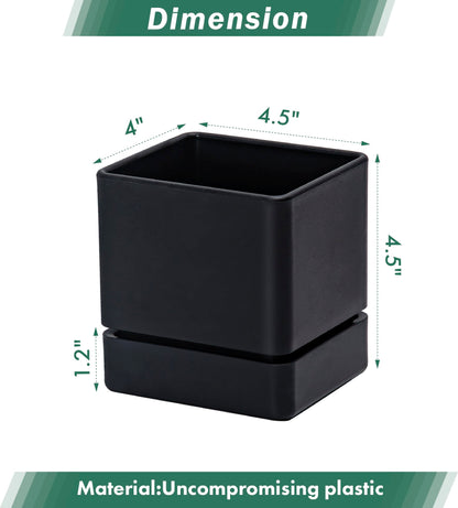 D'vine Dev 4 Inch Herb Planter Pot, Plastic Planter with Drainage Holes and Saucer, Modern Decorative Gardening Pot for Indoor Plants, Flowers, Herbs, Succulents, Black, Set of 6, 76-Y-B6-1