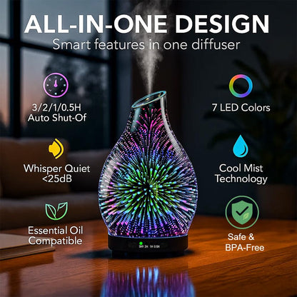 JOYOLO 120ML Essential Oil Diffuser, 3D Glass Aromatherapy Diffuser with Auto Shut-Off and 7 Color LED Lights, Ultrasonic Mist Humidifier with 4 Timer for Home Office Bedroom (3D Fireworks)