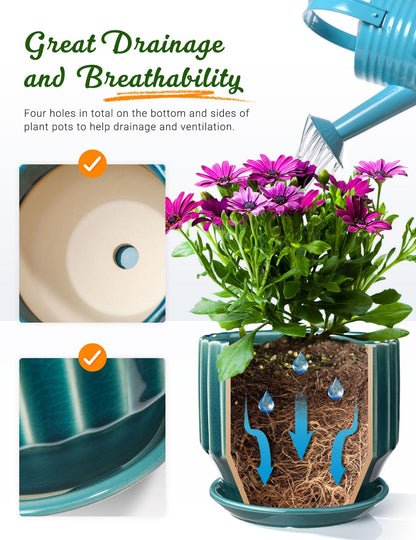 AISBUGUR Plant Pots 6 inch Ceramic Pots for Indoor Plants Set of 2 Flower Pots Unique Crackle Glaze Design Plant Pots with Drainage Hole and Saucer Come with Drainage Nets (Aqua Green)