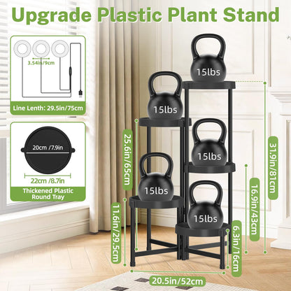 iDavosic.ly 5 Tier Folding Plant Stand Indoor Outdoor with Grow Light, Tiered Corner Flower Holder Shelf with Plastic Tray, Metal Orchid Display Rack for Patio Porch Living Room Garden Balcony, Black