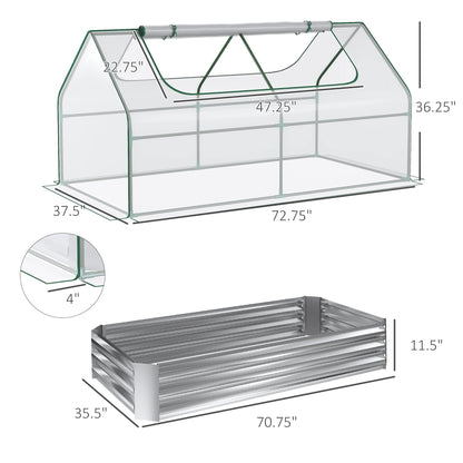 6' x 3' Galvanized Raised Garden Bed with Mini PVC Greenhouse Cover, Outdoor Metal Planter Box with 2 Roll Up Windows for Growing Flowers, Fruits, Vegetables and Herbs, Silver