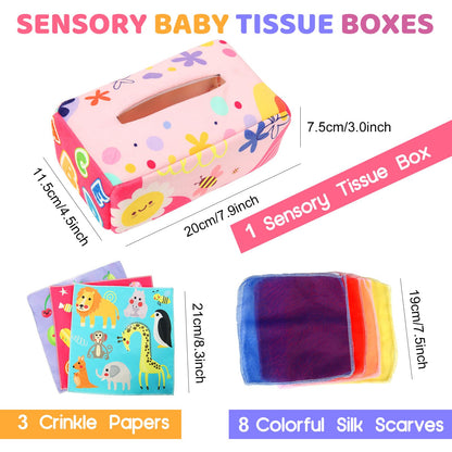Baby Tissue Box - Montessori Toys for 6-12 Months, 1 Year Old - Soft Stuffed High Contrast Crinkle Infant Sensory Toy, Boys&Girls Toddler Early Learning Baby Gifts