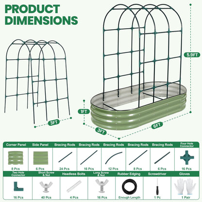 VIREO GARDEN Galvanized Raised Garden Bed with Arched Trellis | 6x3x1FT Metal Raised Garden Beds Outdoor for Gardening Climbing Plant | Planter Box Outdoor with Gloves for Vegetable Flower, OliveGreen