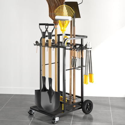 SOYEEZE Garden Tool Organizer with Large Wheels, Heavy Duty 3-Tier Yard Tower Tool Rack for Garage, Holds Up to 35 Long-Handled Tools, Garden Tool Cart with 12 Hooks for Tool Organization Storage