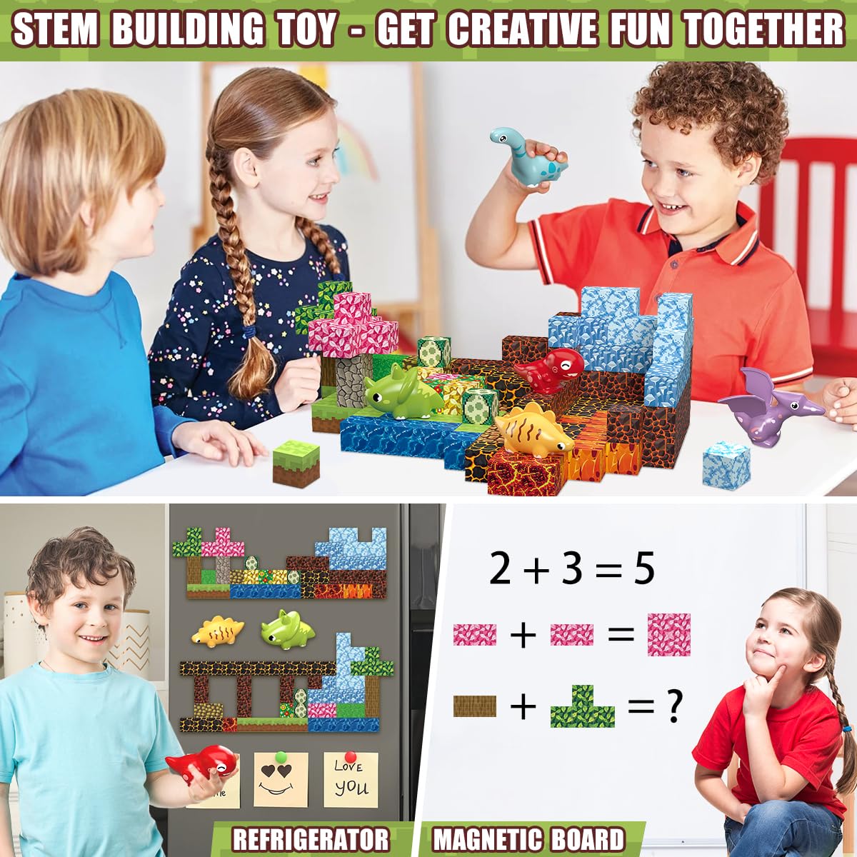 Daoyehsy 205Pcs Magnetic Blocks Dinosaur Toys Build 3D World, 1" Magnetic Building Blocks Magnet Cubes Tiles for Toddler Boys Girls 3+, STEM Sensory Building Toys Games