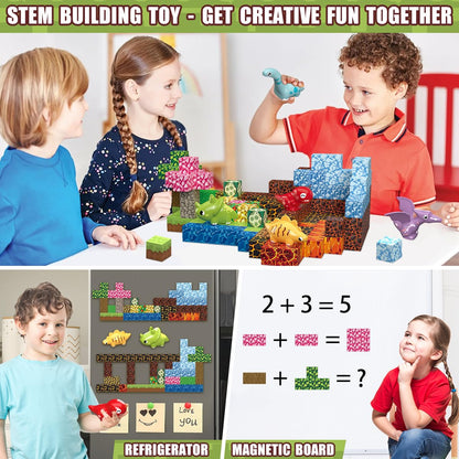 Daoyehsy 205Pcs Magnetic Blocks Dinosaur Toys Build 3D World, 1" Magnetic Building Blocks Magnet Cubes Tiles for Toddler Boys Girls 3+, STEM Sensory Building Toys Games