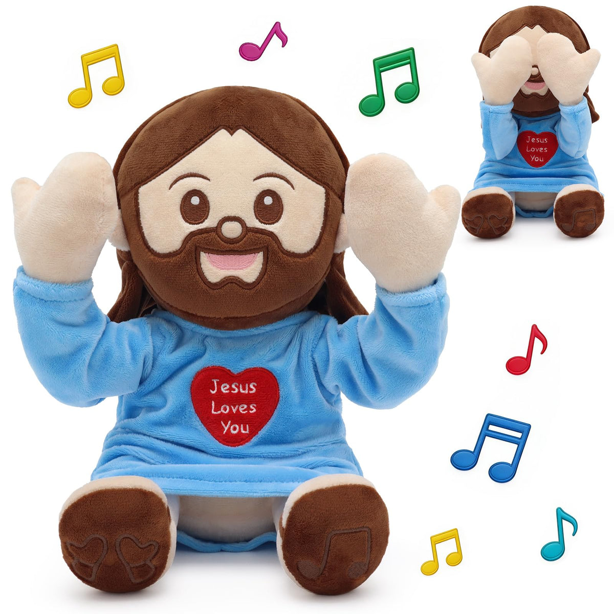 Yelakey Jesus Plush Peek A Boo Toy, Jesus Stuffed Doll Religious Plushie with 15 Bible Songs for Kids Christmas Easter Gifts 10''