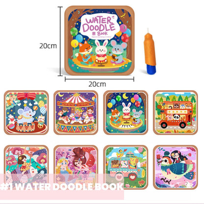 FZRMU Toddler Water Doodle Book Set for Ages 1-3, Mess Free Travel Activity Set with 2 Reusable Water Coloring Books, 1 Sticker Busy Book, Water Pens & Cards, Learning Toy for Car Rides Airplane