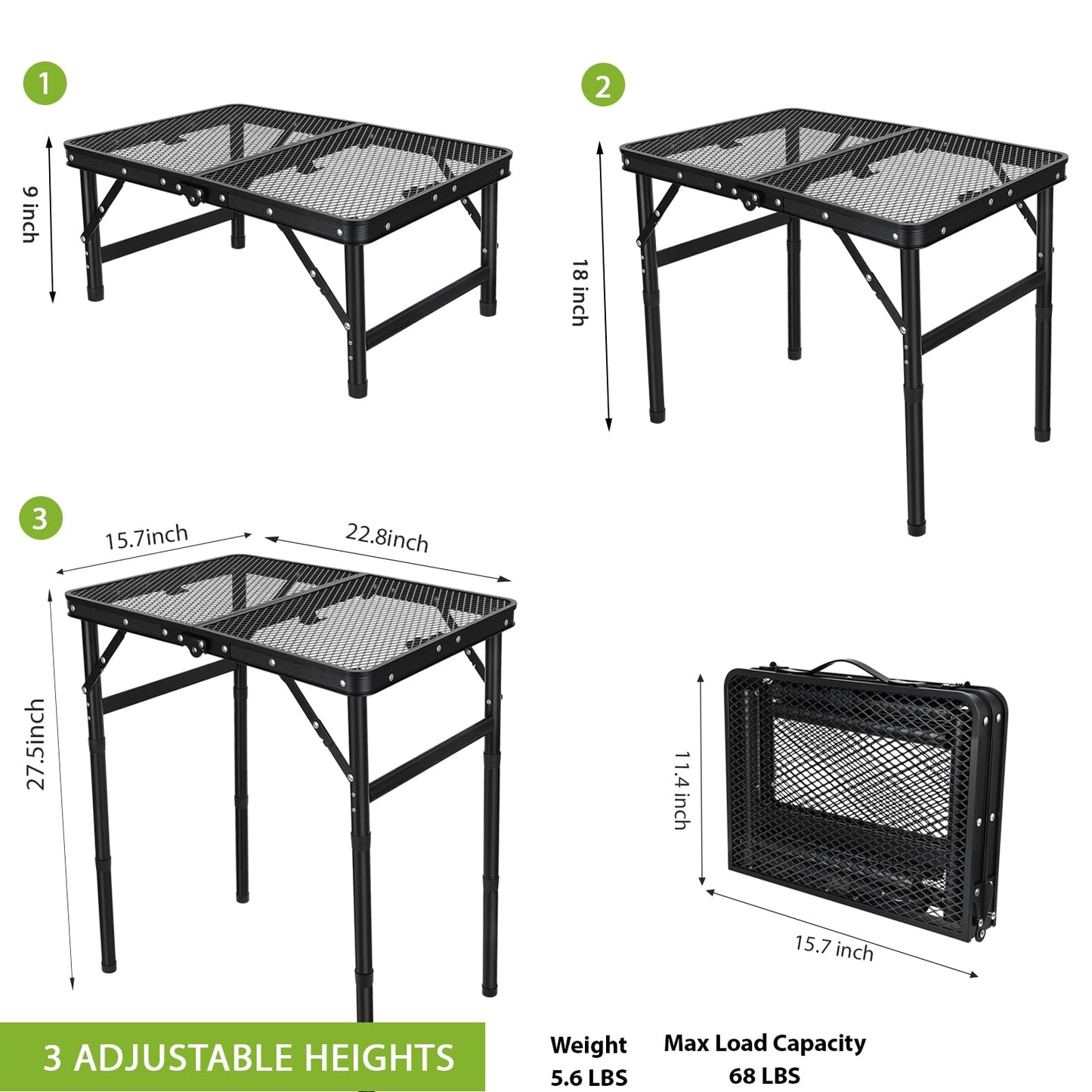 GDDGHS Folding Grill Table – Portable Aluminum Camping Grill Stand, 3 Height Adjustable Outdoor Barbecue Grilling Table 22.8"×15.7"×27.5"