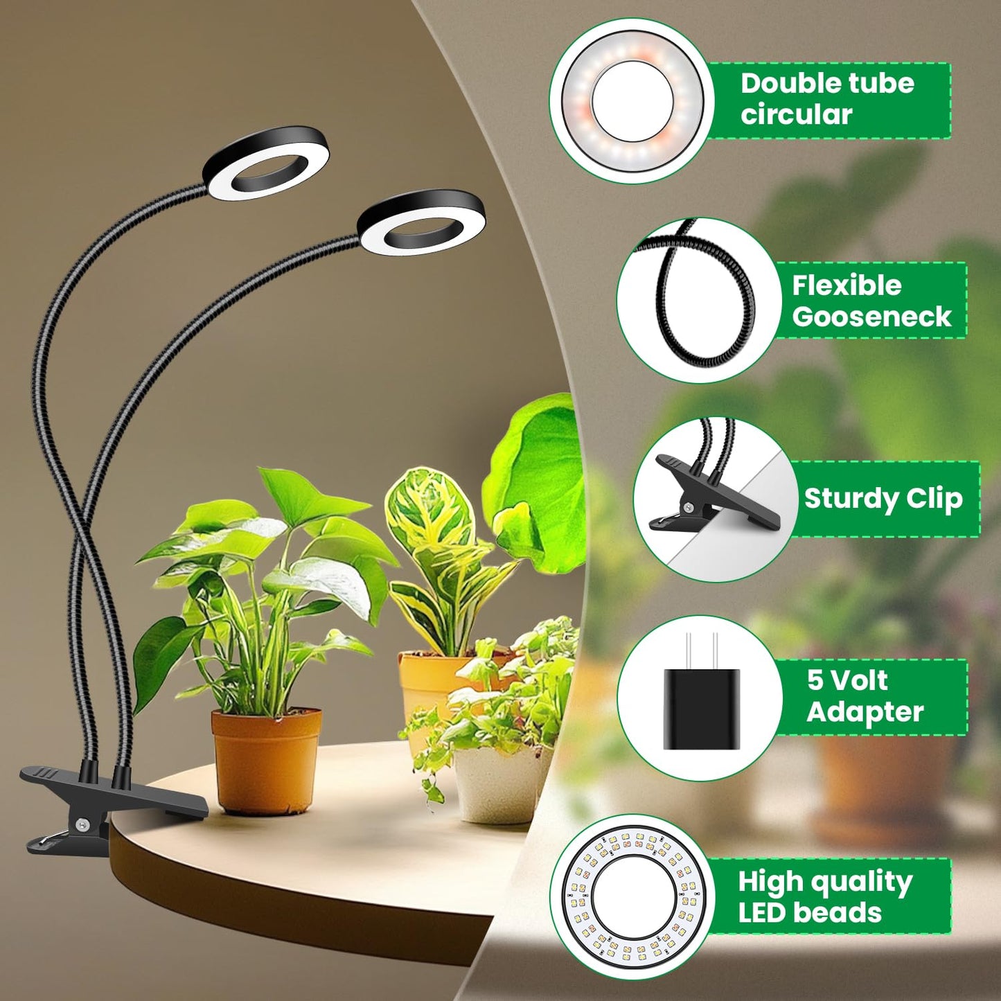 Eurbolan Grow Lights for Indoor Plant, Halo LED Grow Light with Clip, Upgrade 96 LEDs Clip On Plant Lights, Full Spectrum LED Plant Growing Lamp with 3 Modes & 5 Dimmable Levels, Auto Timer 6/12/16H.