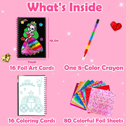 FUNNYB&G Foil Art Craft Kit for Girls 4-10 Years Old: Mess-Free & No-Glue, Create 16 Sparkly Princess Unicorn Pictures – Perfect Travel Toy & Birthday Gift for Kids (Princess)