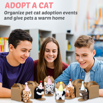 Motionchic 10 Set Kittens Stuffed Animals Bulk with 10 Birthday Hats 10 Kraft Paper Boxes Mini Plush Toys Small Stuffed Cat Pet Gifts for Kids, School Birthday Animal Decor(Standing Style)