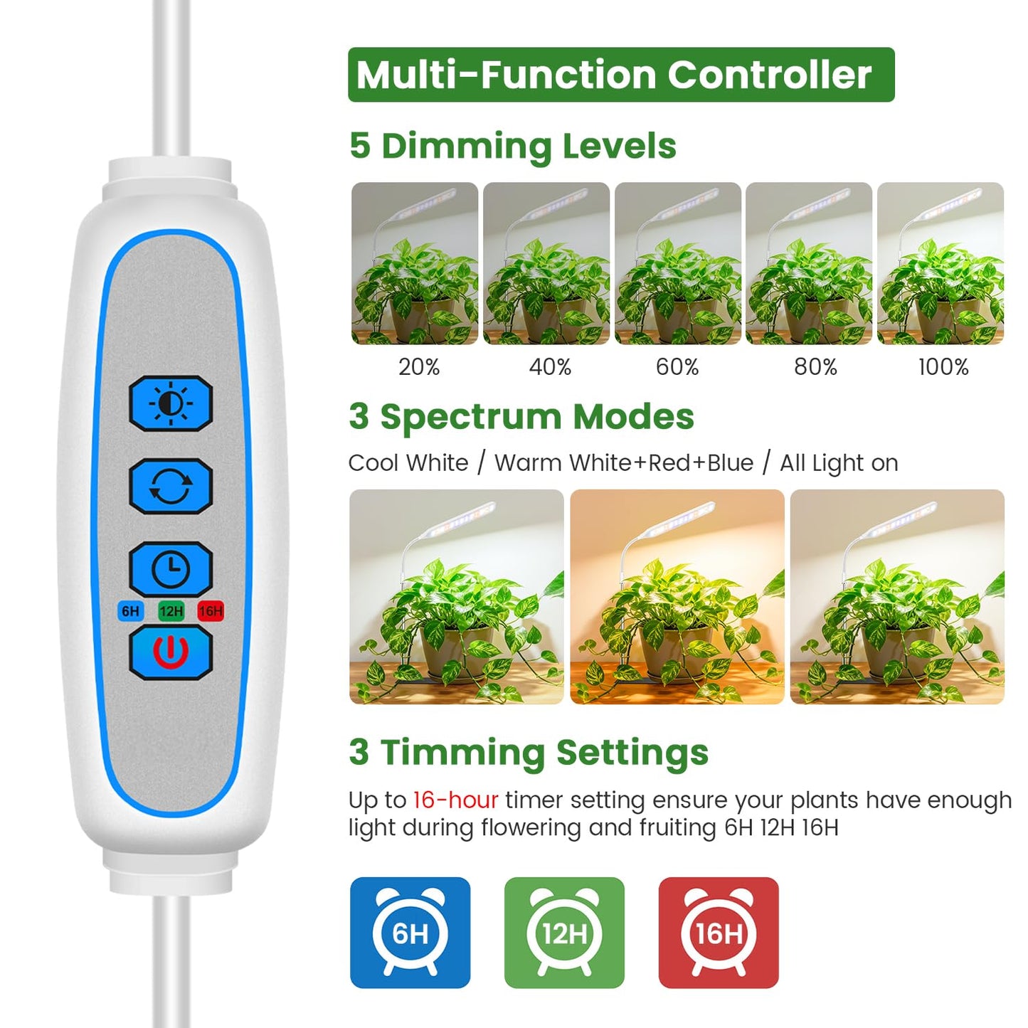 Wolezek Grow Lights for Indoor Plants, 52 LEDs Full Spectrum Plant Grow Light with Base, Height Adjustable Grow Lamp with Auto Timer 6/12/16H, 5 Dimmable Brightness, for Small Plants, White, 2-Pack
