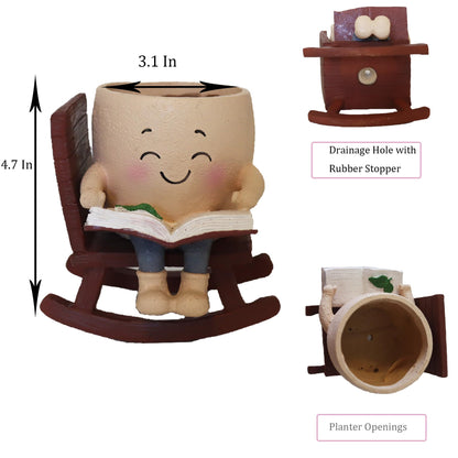 Dolkgy Cute Plant Pots Head Planters, Funny Rocking Chair Reading Book Planter Cactus Face Pot with Drainage Hole for Indoor Outdoor Plants, Unique Plant Lover Gifts
