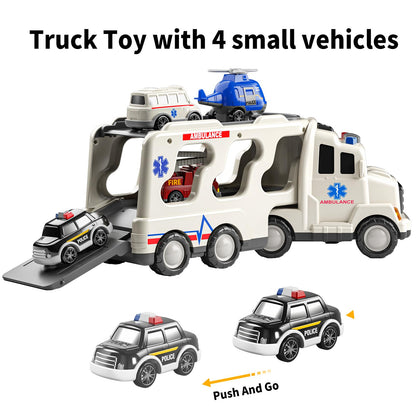 TEMI 5 Pack Ambulance Vehicle Toddler Truck Toys for 3 4 5 6 Year Old Boys, Friction Powered Cars with Toy Helicopter, Police Car, Fire Truck, Ambulance Car, Birthday Gifts for Girls Age 3-9