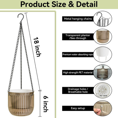 ZeeDix 3 Pack Self Watering Hanging Planters, 6.5 Inch Indoor Plant Pots with 3 Hooks Visible Water Level and Drainage for Home, Wall, Window Decor Outdoor Use(Starry Gray)