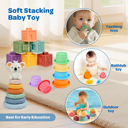 Montessori Toys for Babies Ages 6–12–18 Months with Sensory Shape Sorter Matching Game Box Stacking Cups Soft Ring, Building Blocks, Spinner Developmental Learning Toys for Toddlers 1+ Year Old