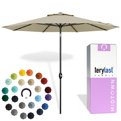 Midtown Umbrellas - 10-Year-No-Fade 9 Ft Patio Umbrella with Terylast Fabric, Auto-Tilt Aluminum Frame and 8 Reinforced Ribs for Deck, Pool, Garden & Beach - Chestnut Beige Canopy, Black Pole