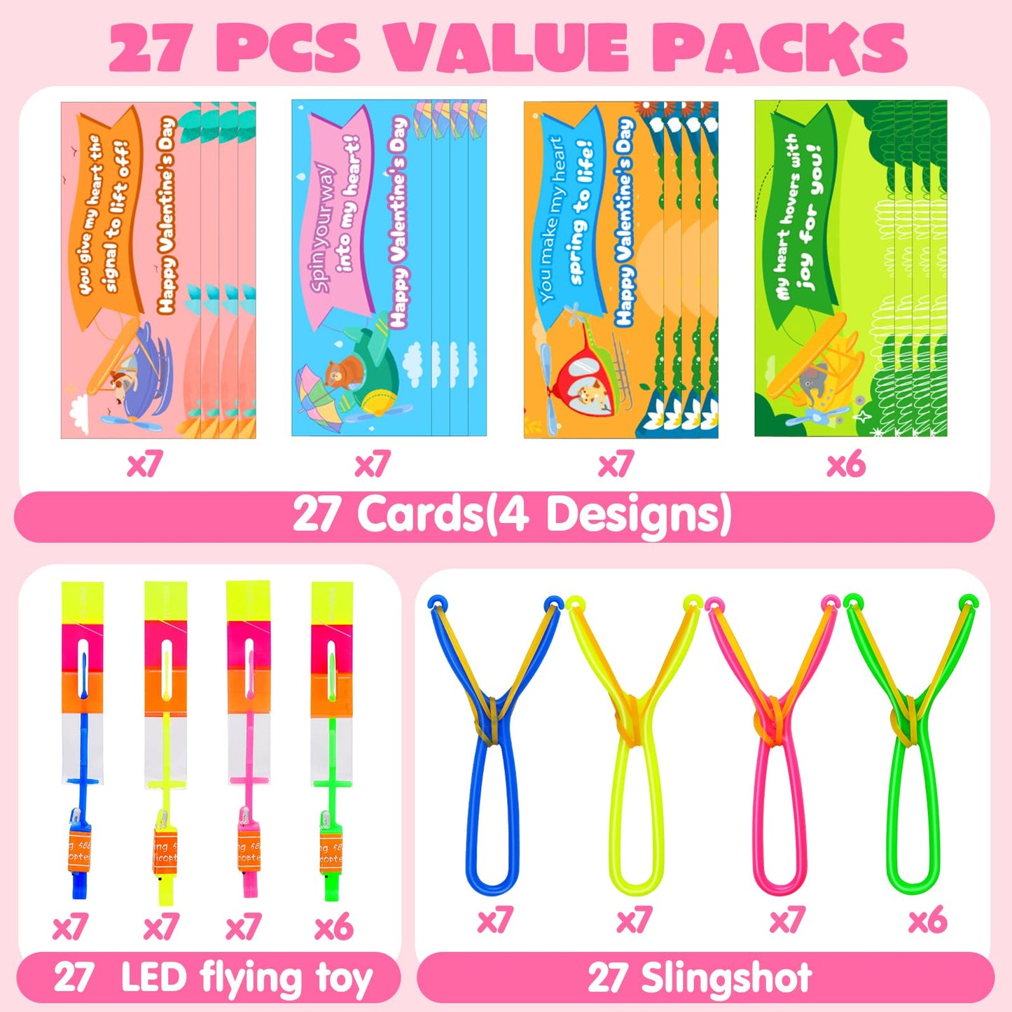 27 PCS LED Flying Toys Valentines Day Cards for Kids School Valentine Cards for Kids Classroom Exchange Gifts for Toddler Boys Girls Glow Helicopter Slingshot Bulk Goodie Bags Stuffers Party Favors