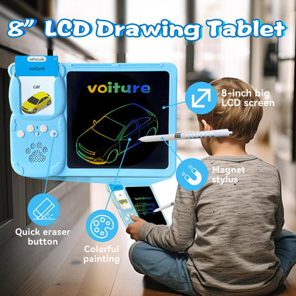 KILOGOGRAPH LCD Writing Tablet for Kids 3-12 - Talking English French Flash Cards, Bilingual 510 Sight Words, Toddler Pocket Speech, Learning Drawing Pad Board, Autism Toys for Children Boys (Blue)