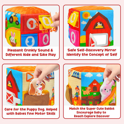 Baby Tissue Box Toys for 6-12 Months, 13PCS Surprise Barn Toy with Stuffed Farm Animals, Rattle, Soft Paper, Mirror, Montessori Educational Sensory Toys for Babies,Sensory Toys for Toddlers