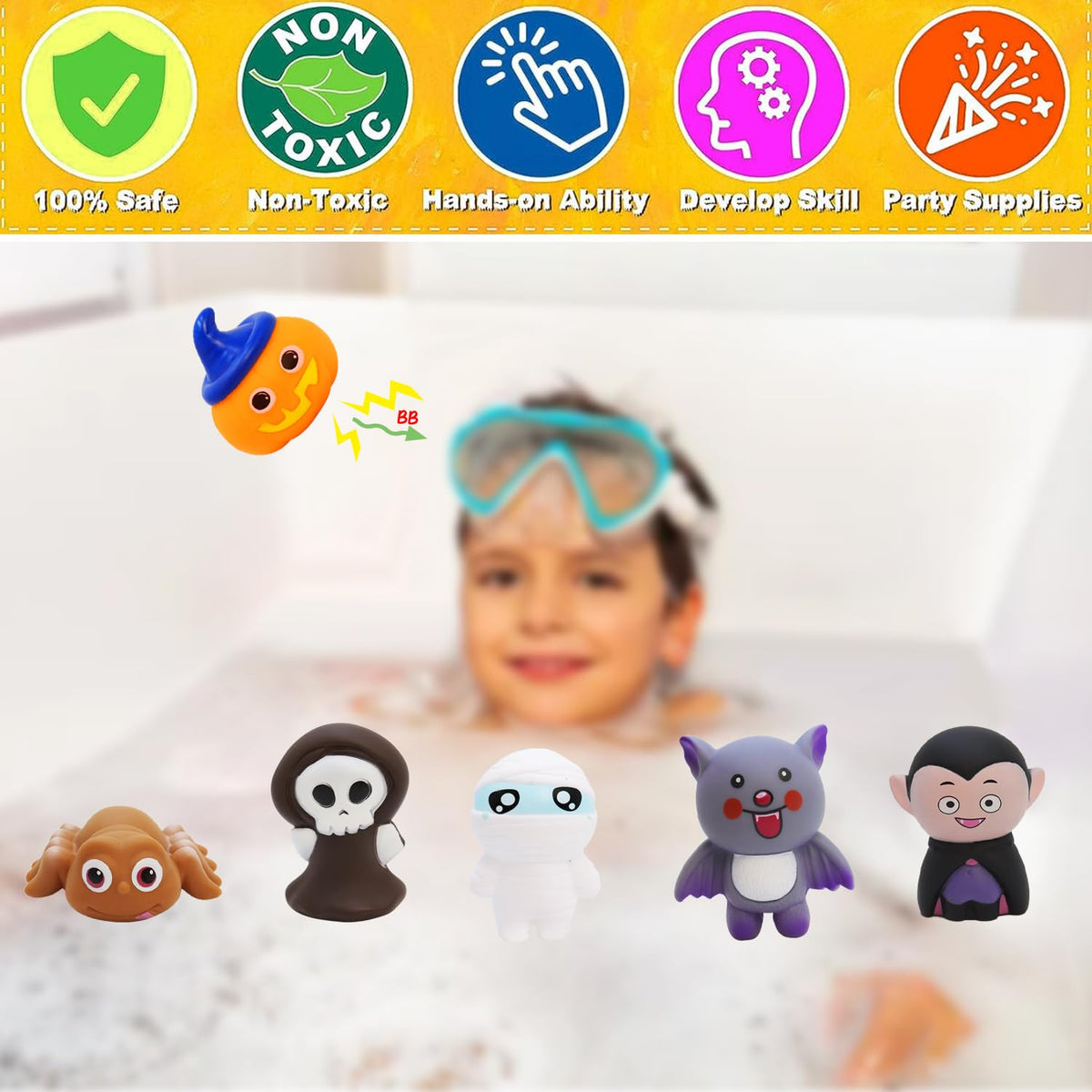 Halloween Toys for Kids, Rubber Bath Toy Cute Floating Squeaky 3in Rubber Ghost for Shower, Classroom Carnival Prizes, Cake Decoration Party Favors for Toddlers(6 Pcs)