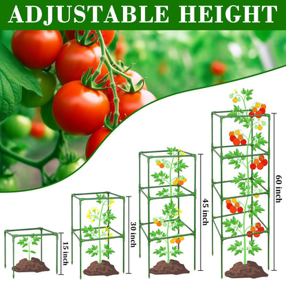 ZeeDix 4 Pack Tomato Cages for Garden 60 Inches, Heavy Duty Square Adjustable Tomato Trellis Cage Climbing Plant Support Trellis Plant Cages for Climbing Vegetables Flowers with 40Pcs Clips