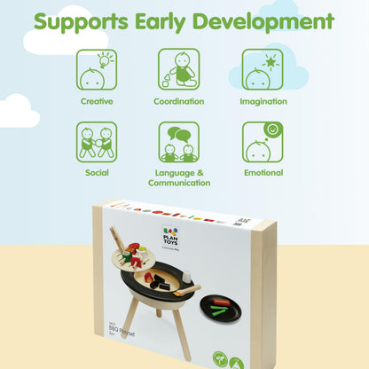 PlanToys® Wooden Barbeque Pretend Cooking Toy for Kids | Kitchen Toy Includes Grill, Food Pieces, Tongs & Charcoal Stove | Montessori Food Role Play Set for Fine Motor Skills & Imaginative Learning