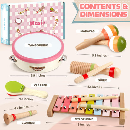 Baby Musical Instruments - Montessori Wooden Musical Toys for Toddlers 1-3, Xylophone Maracas Tambourine Percussion Set, Kids Preschool Music Learning Toys, Educational Birthday Gifts (Rainbow)