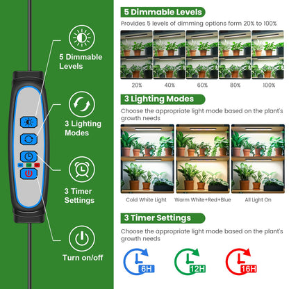 Wolezek Grow Lights for Indoor Plants, 210 LEDs Full Spectrum Plant Grow Light Strips with 6/12/16H Auto Timer, 13.8 Inches Bright Grow Lamp Bar for Plant Shelves and Cabinet, 2 Pack
