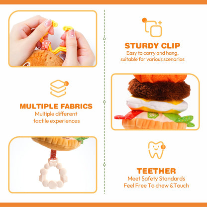 Jollybaby Baby Musical Pull String Hanging Toys for Stroller Car Seat Crib Play Gym, Plush Stuffed Hamburg Bear Toy for Carseat with Music Teether Crinkle, Sensory Toy for 0-6-12-18 Months Baby Gifts
